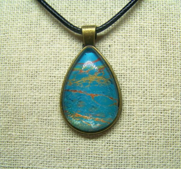 Turquoise with Hints of Lime Green, Gold & Copper Wearable Fluid Art Pendant Necklace, 1OAKG