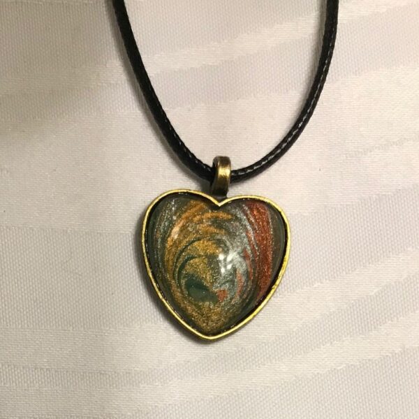 Hunter Green and Metallics Fluid Art Pendant Necklace, 1OAKG