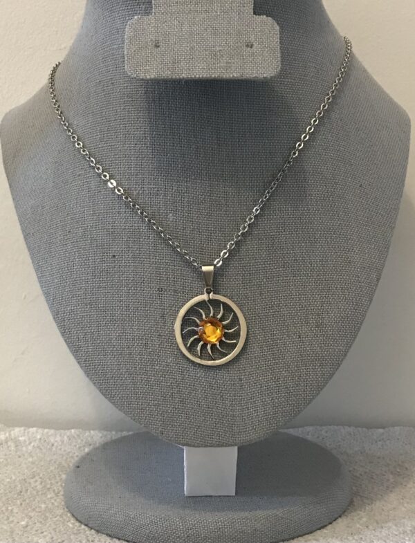 Topaz/Citrine Rhinestone Sun Pendant on a Silver Chain Necklace