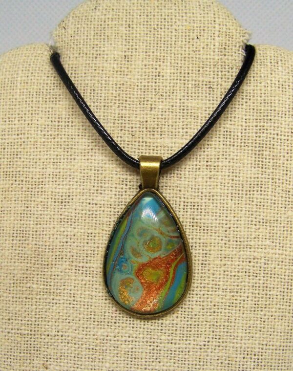 Turquoise, Gold, Lime Green & Copper Wearable Fluid Art Pendant Necklace, 1OAKG