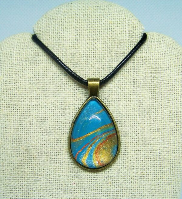 Turquoise, Gold & Copper Wearable Fluid Art Pendant Necklace, 1OAKG
