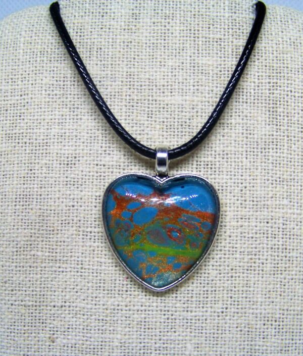 Turquoise, Gold, Copper & Lime Green Fluid Art Pendant Necklace, 1OAKG