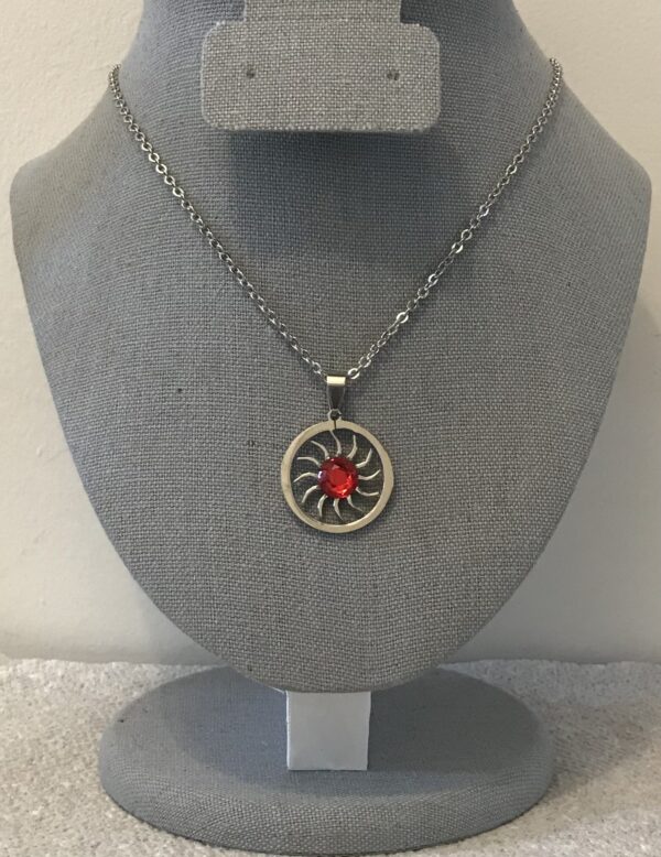 Ruby Red Rhinestone Sun Pendant on a Silver Chain Necklace