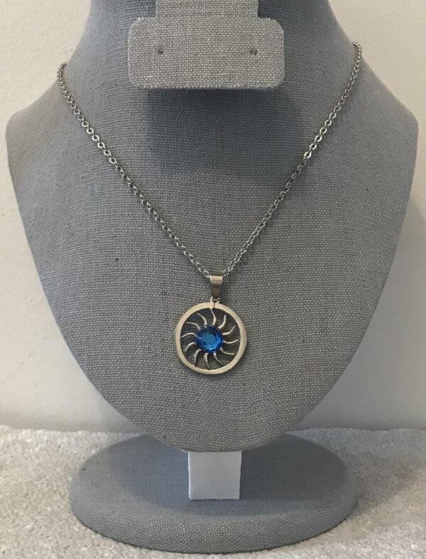 Sapphire Rhinestone Sun Pendant on a Silver Chain Necklace
