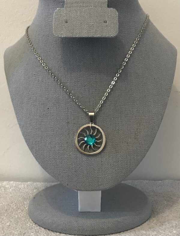 Teal Green Rhinestone Sun Pendant on a Silver Chain Necklace