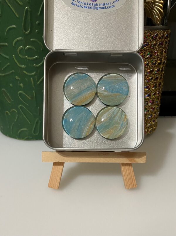 Beachy Turquoise, Gold, Silver & White Fluid Art Magnet Set of 4, 1OAKG