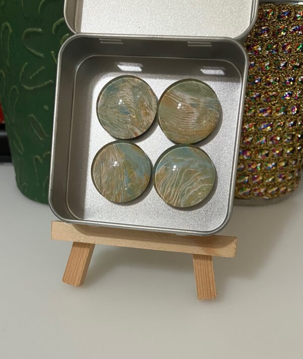Gold, White, Turquoise & Silver Fluid Art Magnet Set of 4, 1OAKG