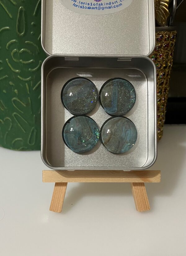 Dark Teals, Copper & Extreme Iridescent Glitter Fluid Art Magnet Set of 4, 1OAKG