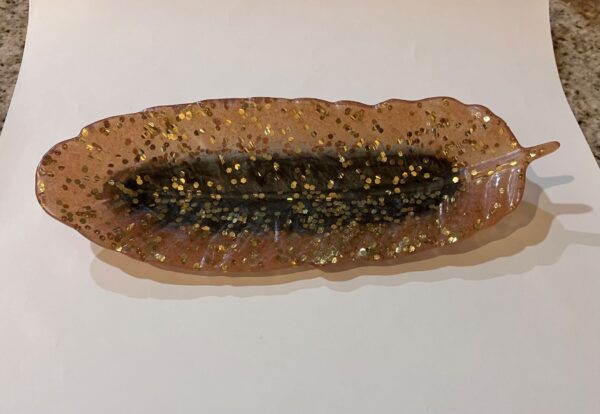 Peachy Chameleon & Dark Gray Resin Feather Jewelry/Candy Dish/Trinket Tray/Spoon Rest, 1OAKG