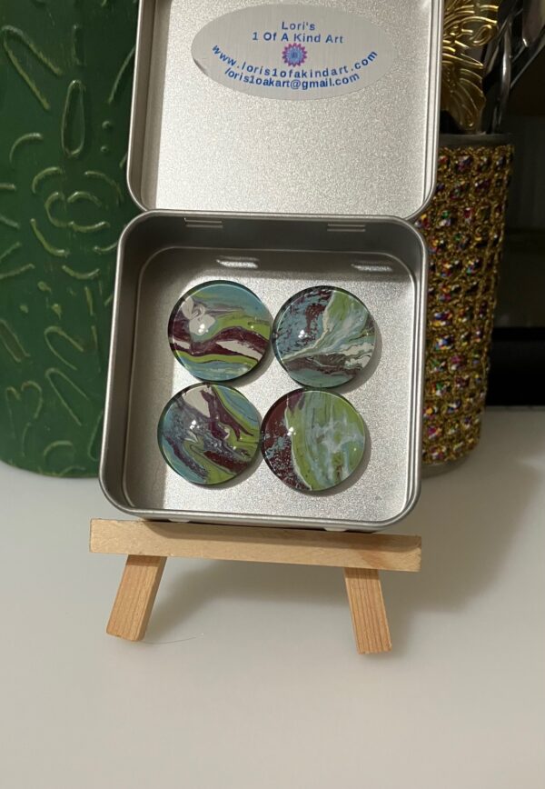 Lime Green, Turquoise, Burgundy & White Fluid Art Magnet Set of 4, 1OAKG