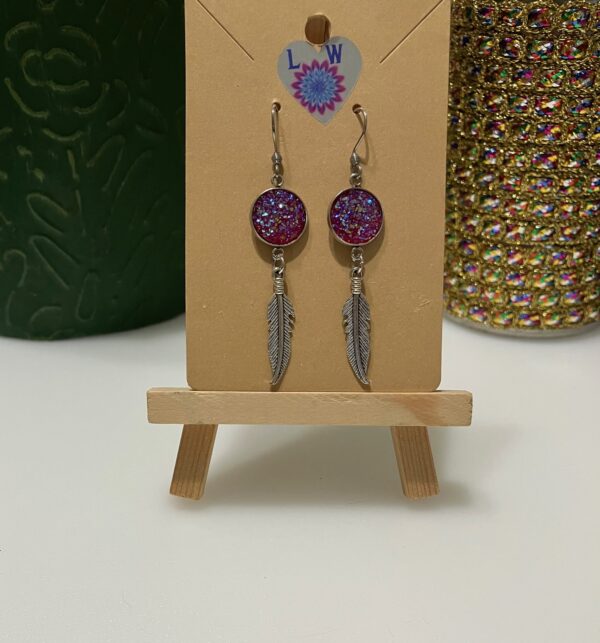 Silver Feather with Fuchsia Druzy Dangle Earrings