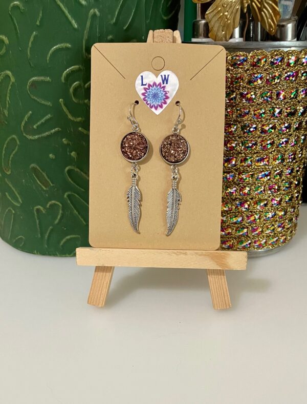 Silver Feather with Gold Druzy Dangle Earrings