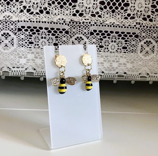 Gold Rhinestone Yellow and Black Bumble Bee Post Dangle Earrings