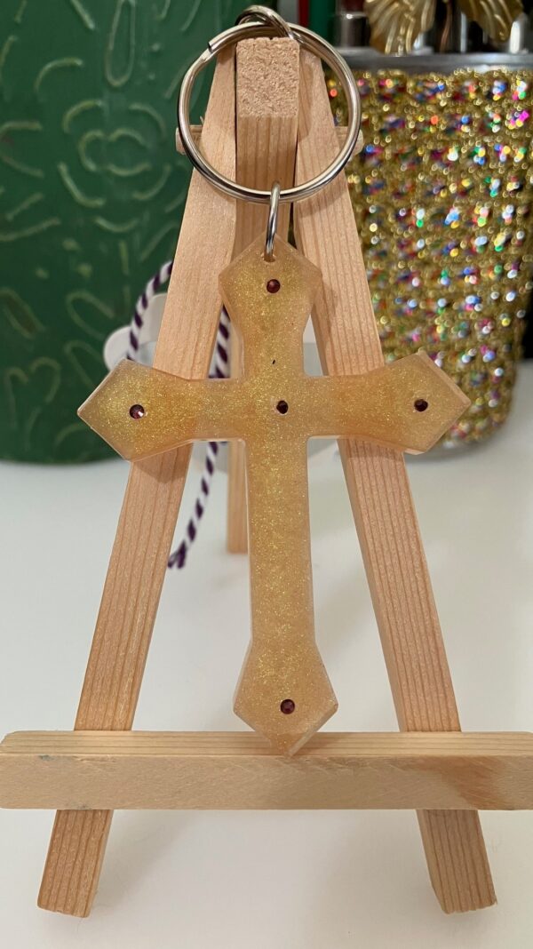 Gold Resin Cross Keychain with Amethyst Bling, 1OAKG