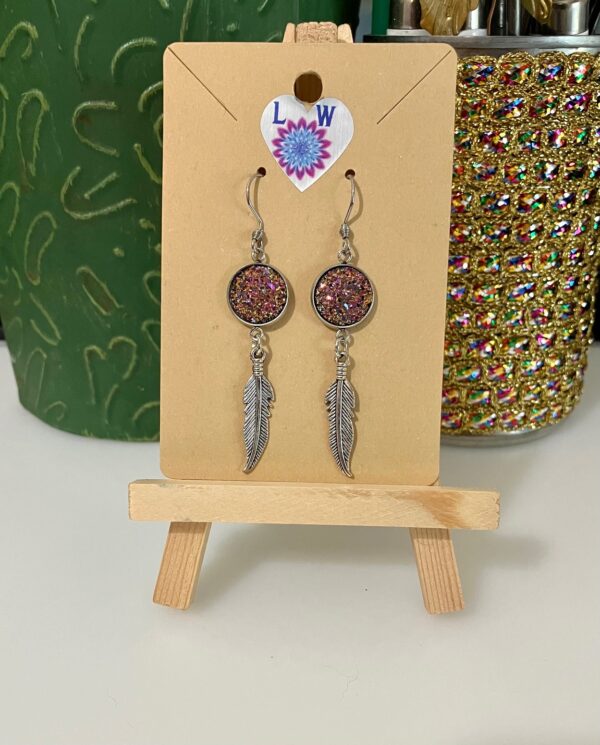 Silver Feather with MultiColor Druzy Dangle Earrings