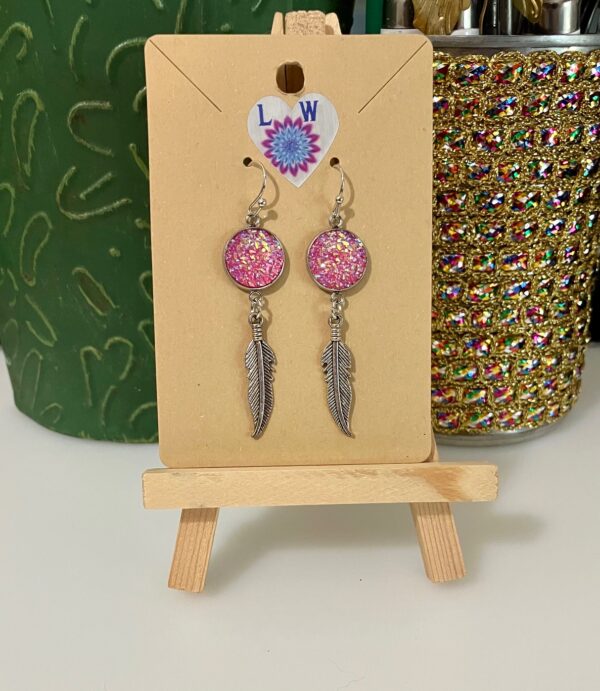 Silver Feather with Pink Druzy Dangle Earrings