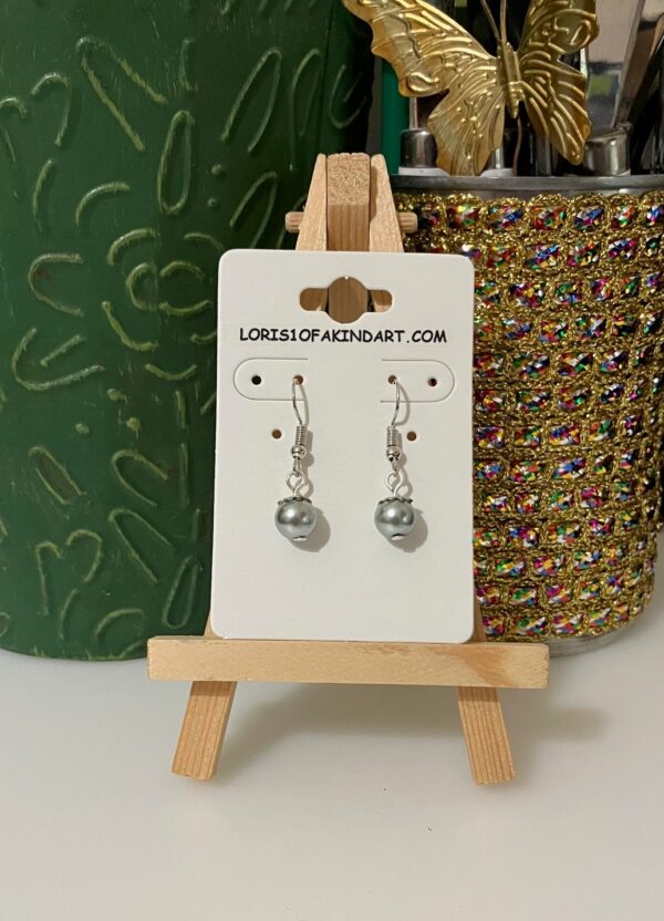 Pearly Silver Glass Bead with Flower Cap Dangle Earrings