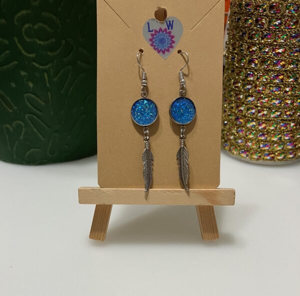 Silver Feather with Teal Blue Druzy Dangle Earrings