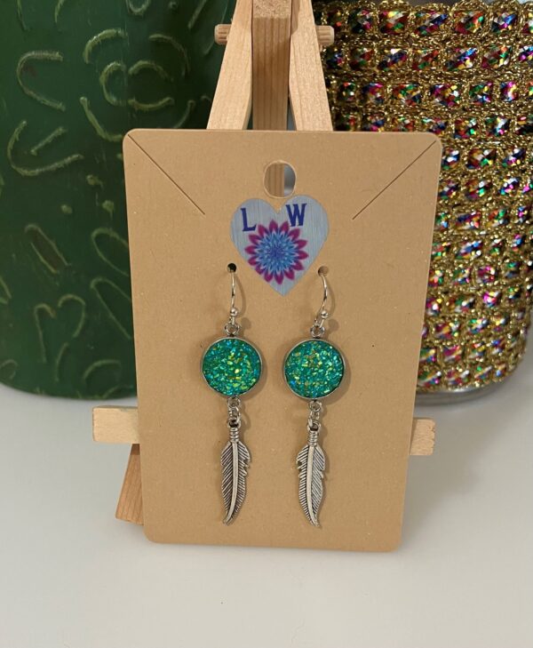 Silver Feather with Teal Green Druzy Dangle Earrings