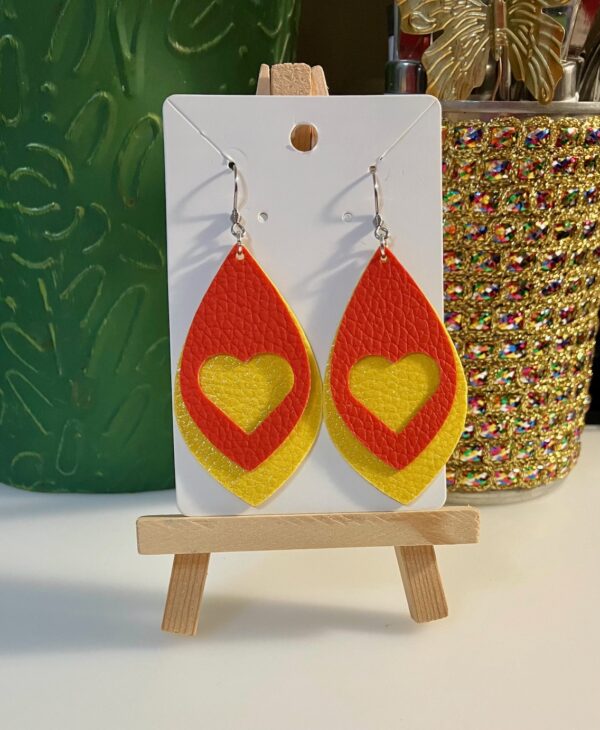 Yellow Shimmer and Red with a Heart Faux Leather, Double-layered Dangle Earrings