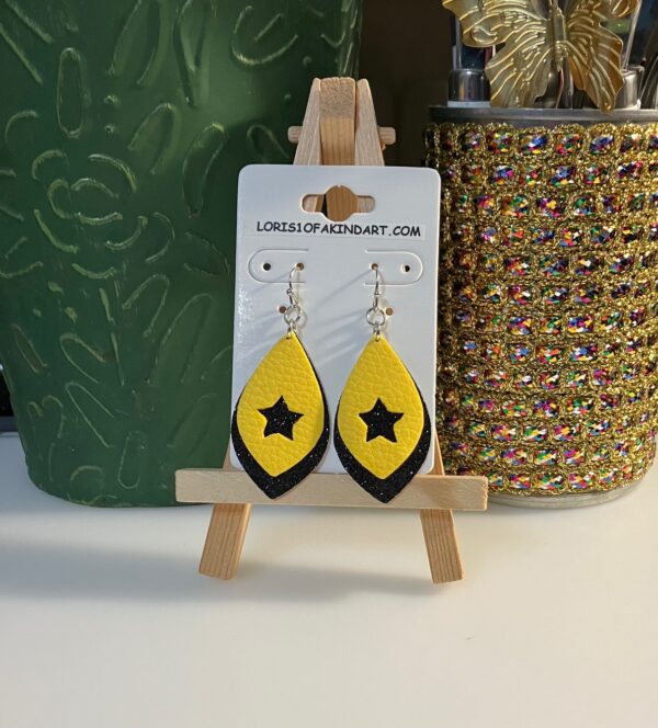 Black Glitter and Yellow with a Star Faux Leather, Double-layered Dangle Earrings