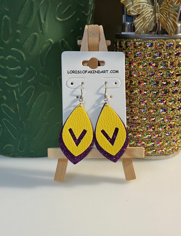 Purple Glitter and Yellow with a V Faux Leather, Double-layered Dangle Earrings