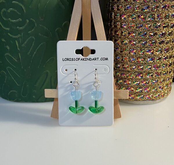 Baby Blue Tulip with Green Bugle Glass Bead Dangle Earrings
