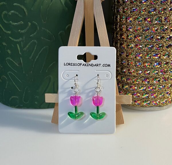 Fuchsia Tulip with Green Bugle Glass Bead Dangle Earrings