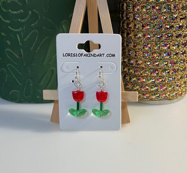 Red Tulip with Green Bugle Glass Bead Dangle Earrings