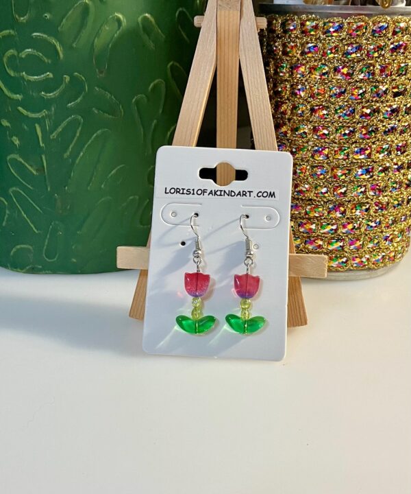 Red and Lt. Blue Tulip with Lime Yellow Crystal Glass Beaded Dangle Earrings