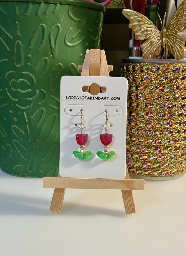 Red and Lt. Blue Tulip with Silver Beaded Dangle Earrings