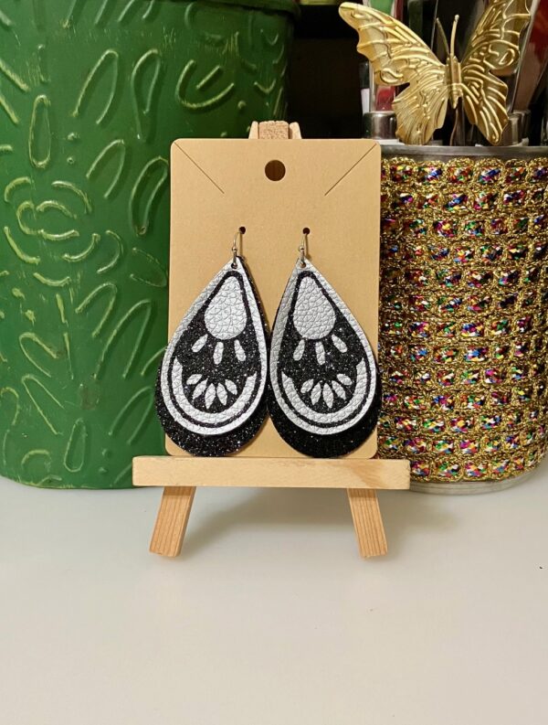 Boho Black Glitter and Silver Faux Leather, Double-layered Dangle Earrings #2