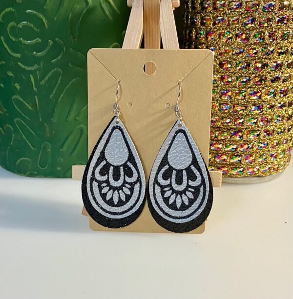 Boho Black Glitter and Silver Faux Leather, Double-layered Dangle Earrings