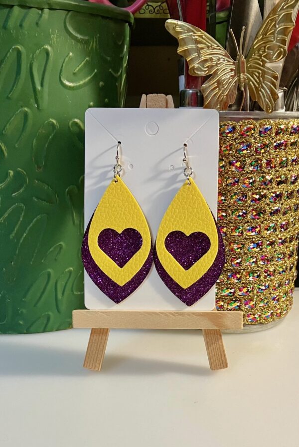 Purple Glitter and Yellow with a Heart Faux Leather, Double-layered Dangle Earrings