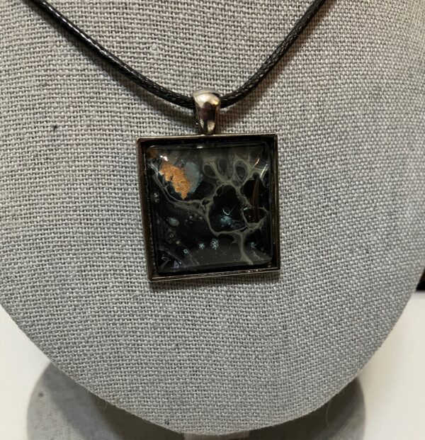 Black, Gray, Copper & Blue Fluid Art Pendant Necklace, 1OAKG