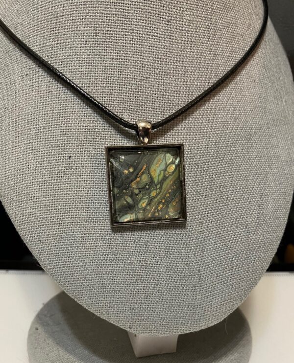 Black, Gray, Copper, Lime Green & Gold Fluid Art Pendant Necklace, 1OAKG