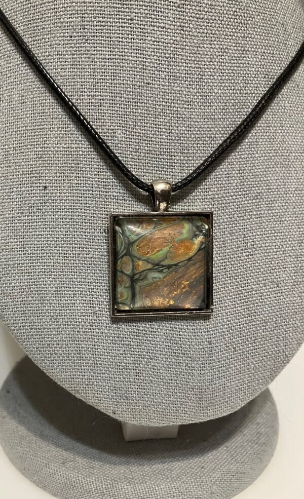 Black, Copper, Gray & Light Green Fluid Art Pendant Necklace, 1OAKG