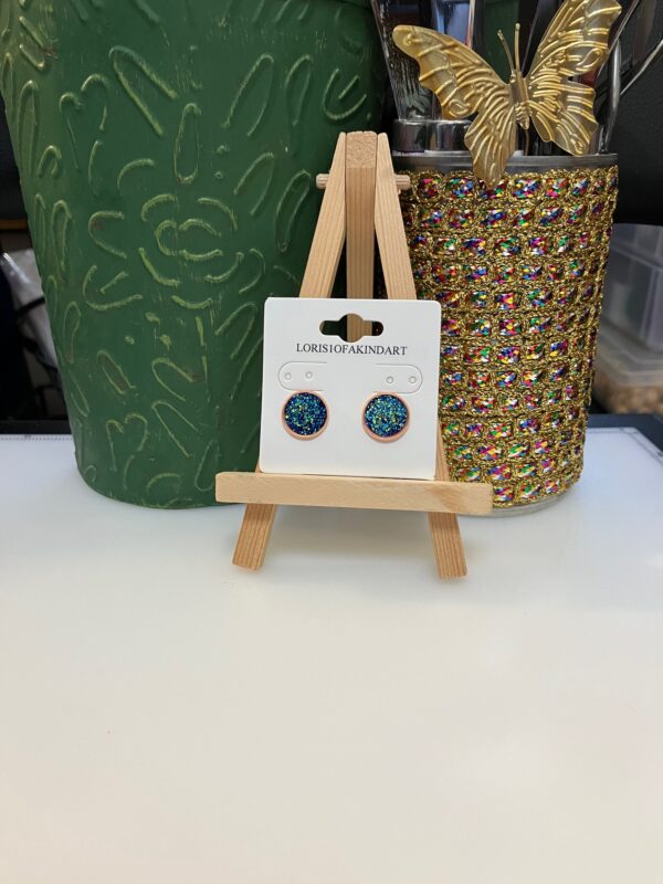 Blue-multi Faux Druzy Earring on Rose Gold Studs