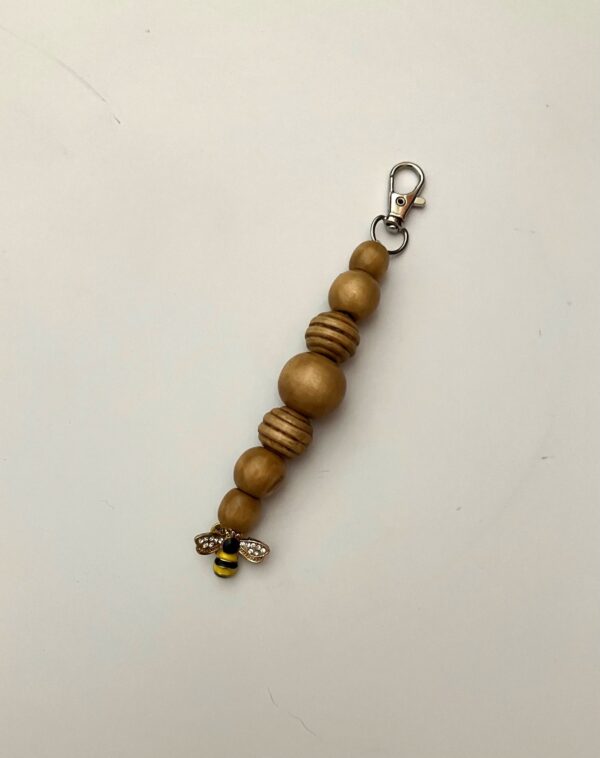 Walnut Wood Beaded Keychains with Bumble Bee Charm - Rearview Mirror, Keys, Purse, Diaper-bag, Backpack Dangle-1OAKG