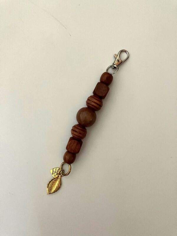 Red Wood Beaded Keychains with Gold Leaf Charm - Rearview Mirror, Keys, Purse, Diaper-bag, Backpack Dangle-1OAKG