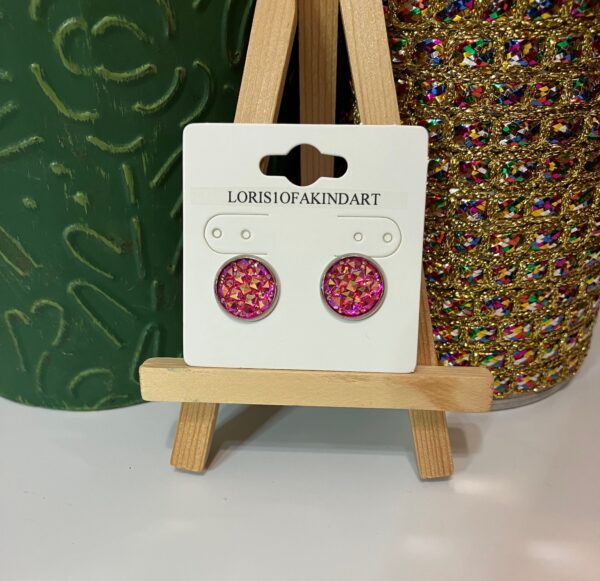 Fuchsia Diamond Cut Faux Druzy Earring on Silver Studs