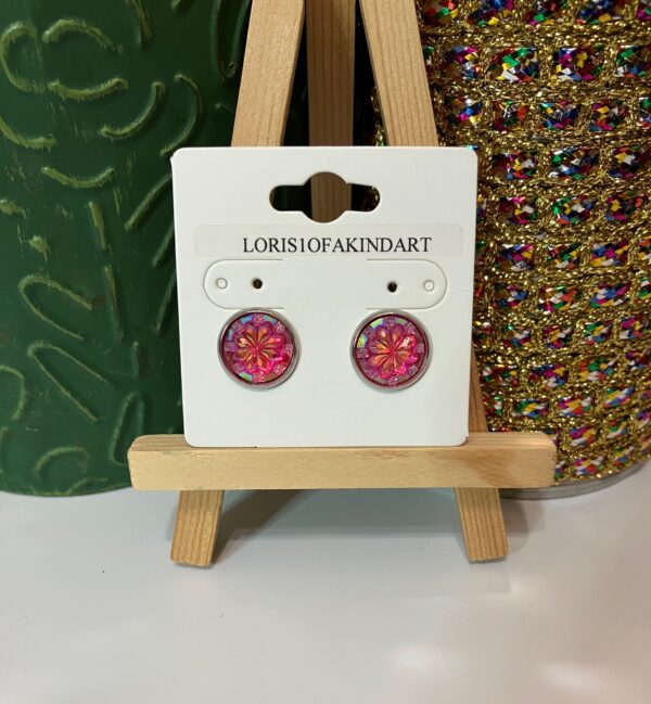 Fuchsia Flower Cut Faux Druzy Earring on Silver Studs