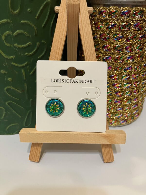 Teal Flower Cut Faux Druzy Earring on Silver Studs