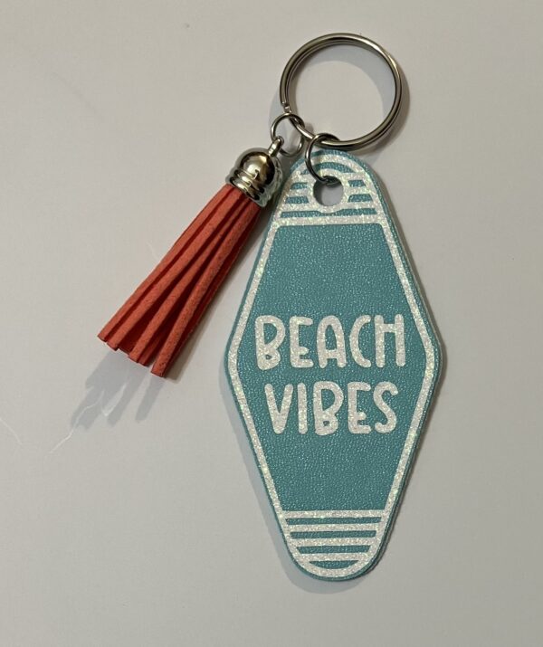 Beach Vibes Motel Key Faux Leather Purse Charm/Keychain with Coral Tassel, 1OAKG