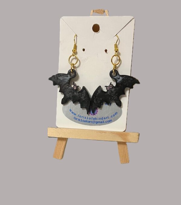 Black Bat with Crystal Eyes Dangling Resin Earrings, 1OAKG
