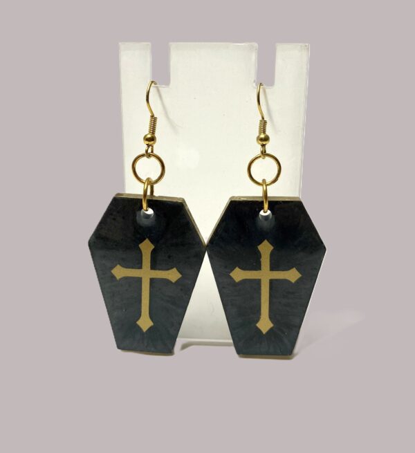 Black Casket with Gold Cross Dangling Resin Earrings, 1OAKG