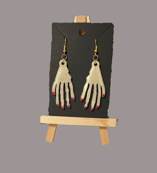 White Skeletal Hands with Red Nails Dangling Resin Earrings, 1OAKG