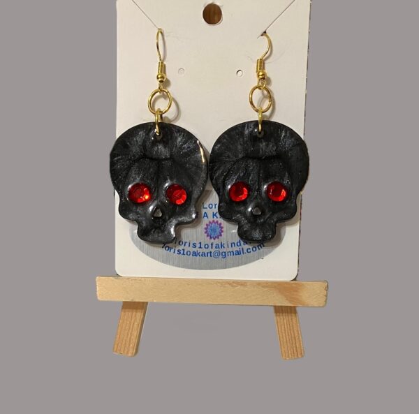 Black Skull with Red Crystal Eyes Dangling Resin Earrings, 1OAKG