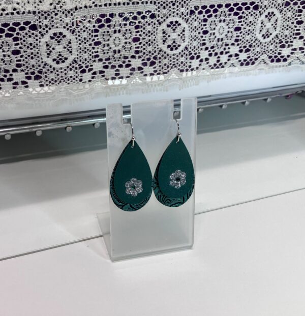 Green Embossed Faux Leather with a Glitter Flower and an Emerald Rhinestone Double-layered Dangle Earrings, 1OAKG