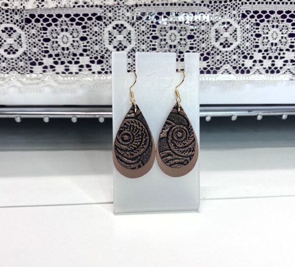 Bronzy Brown Embossed and Smooth Faux Leather Double-layered Dangle Earrings, 1OAKG